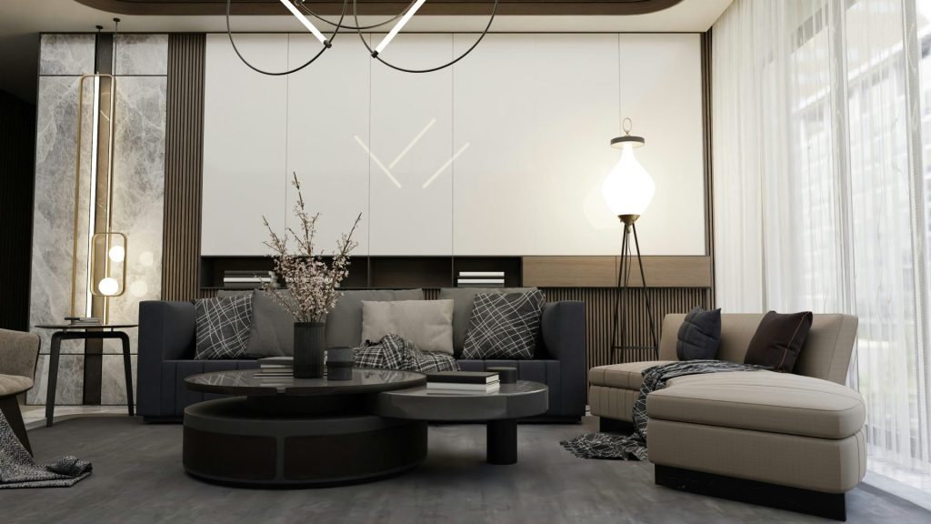 a living room filled with furniture and a chandelier